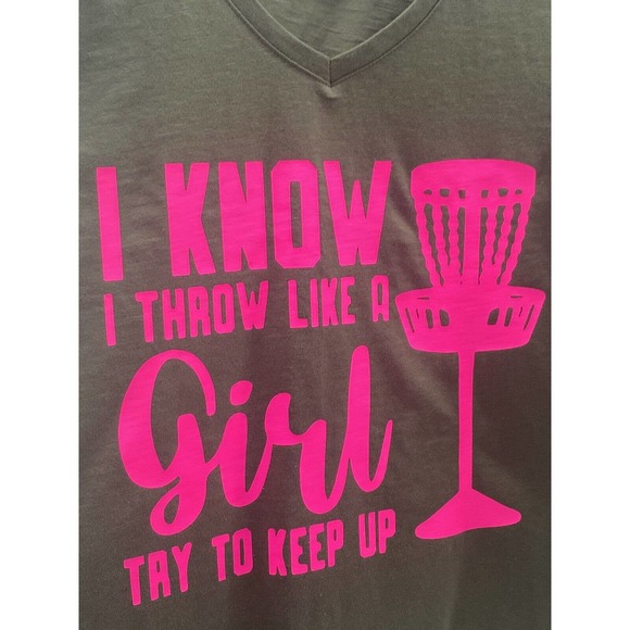 Disc Golf WOMENS V-Neck Shirt Throw Like A Girl Olive Size 12 - Picture 9 of 10